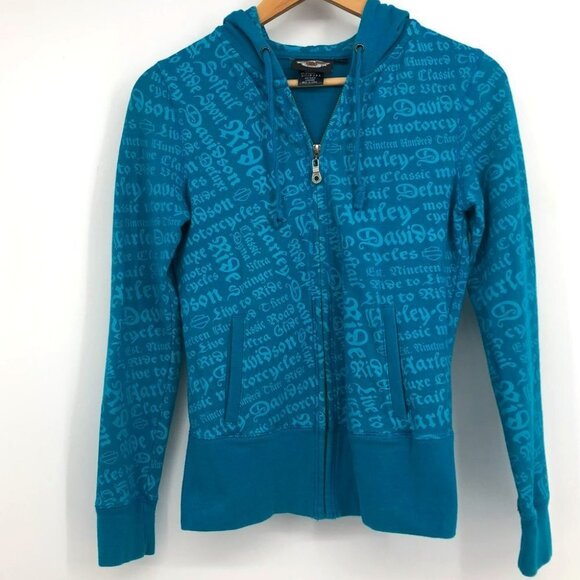 Harley Davidson  Bright Teal Blue All Over Text zipper front Hoodie size SP - Picture 15 of 15